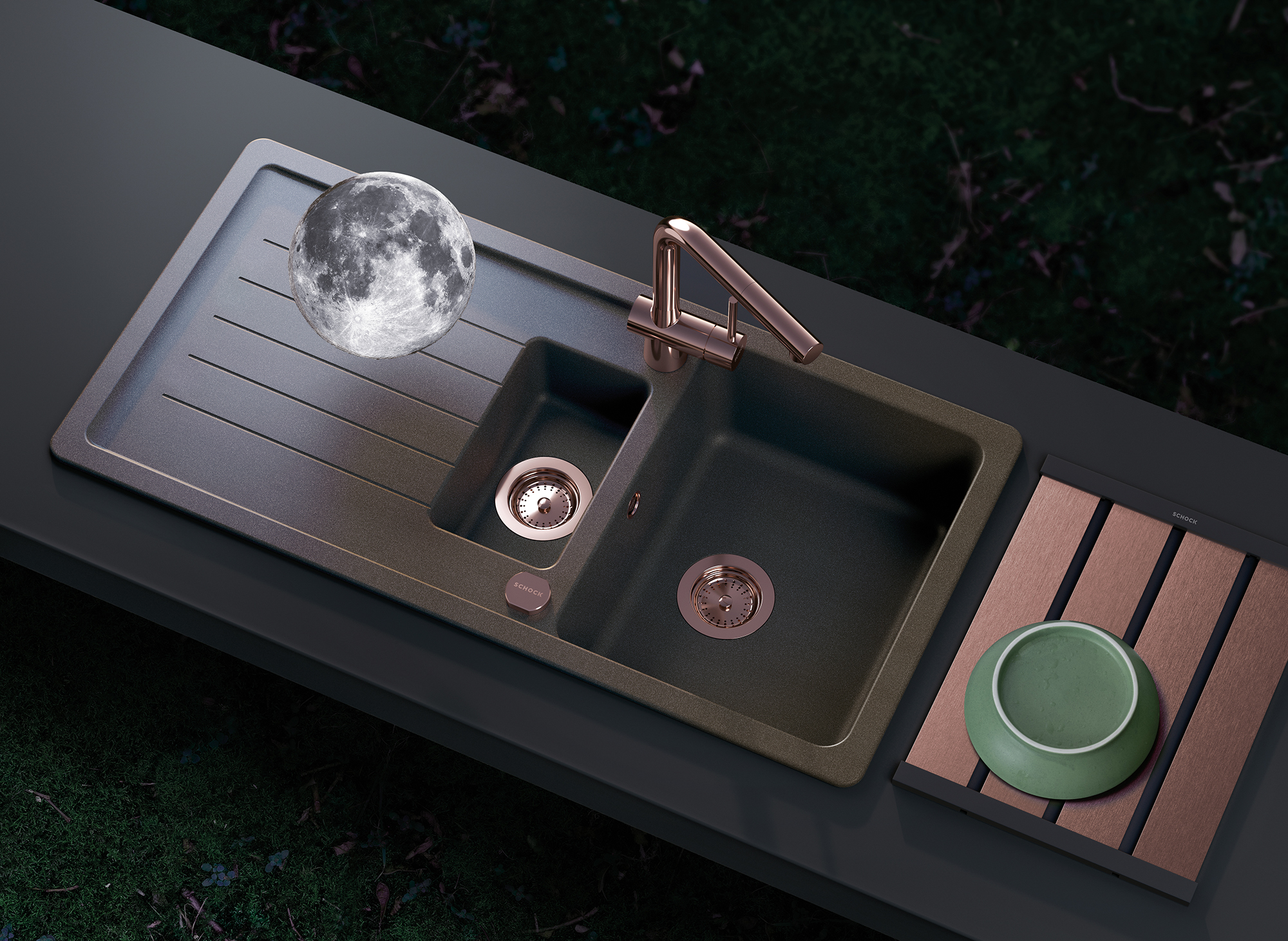 Schock Spüle rostbraun kleines Zusatzbecken im Abtropfbereich kupferne Armatur simuliert schwebende Weltkugel über Abtropffläche