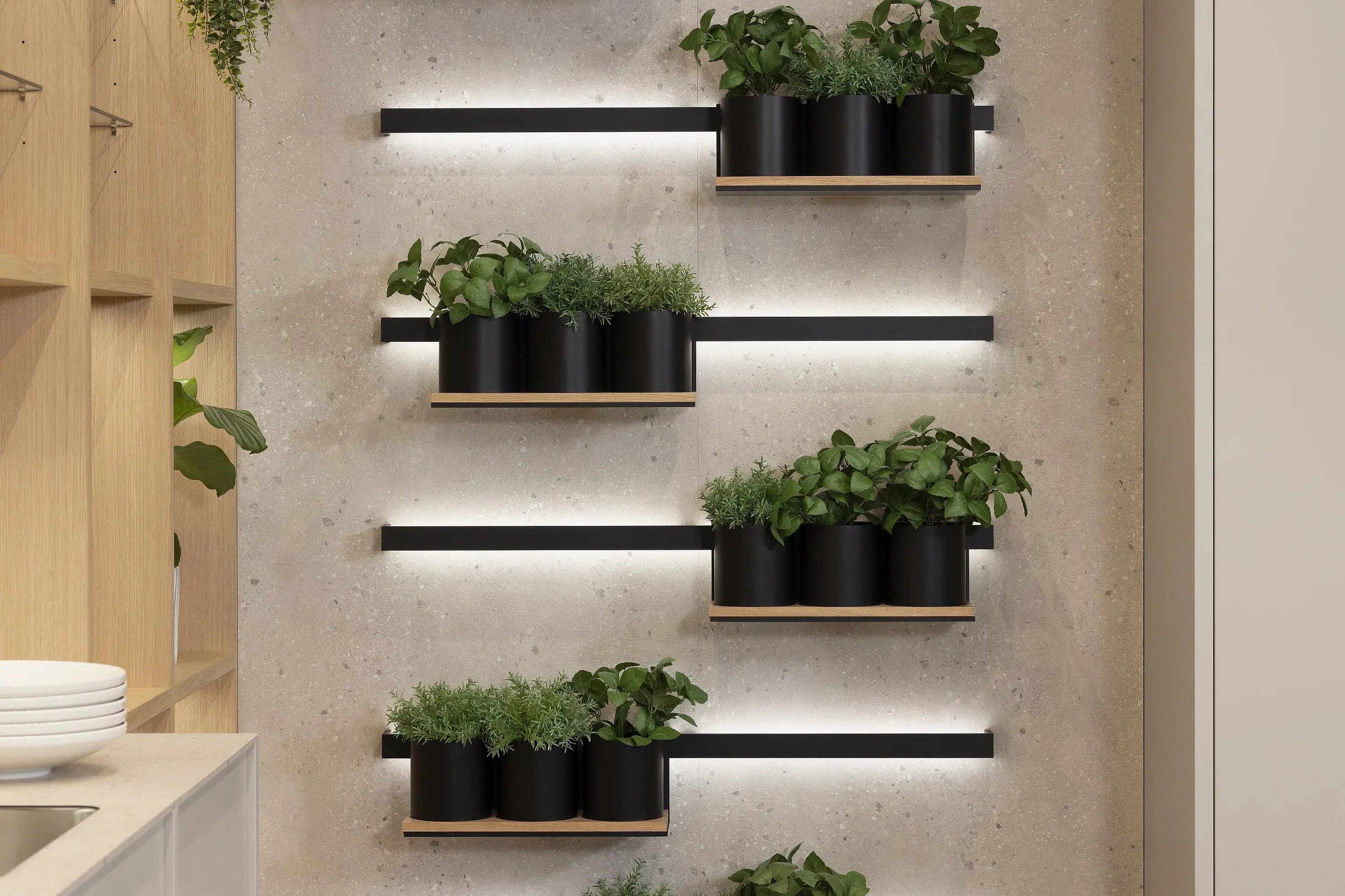 Beleuchtetes Relingsystem mit Kräutertöpfen